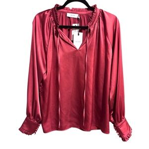 Greylin Crimson Satin Blouse with Ruffle Trim NWT Size L